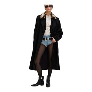 Free People Black Trench Coat Size Large Faux Fur Leopard Print Removable Collar